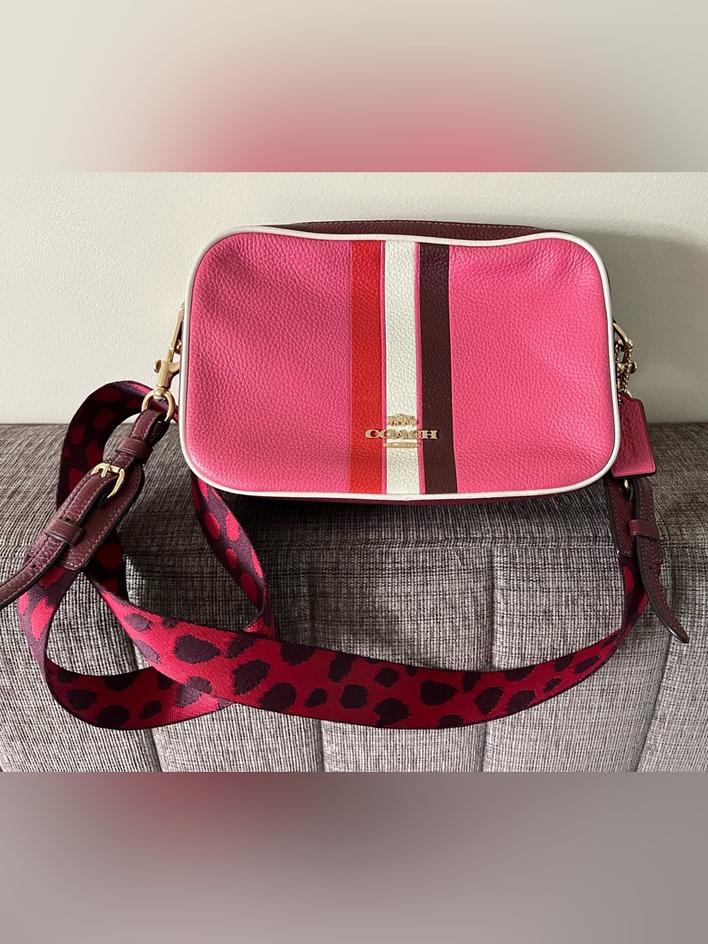 Coach Pink Pebbled Leather Crossbody with Multicolor Stripe